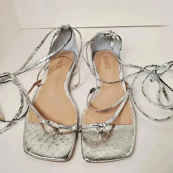 SCHUTZ Krist Flat Sandals in Croc-embossed Metallic Leather 10B - Picture 8 of 14